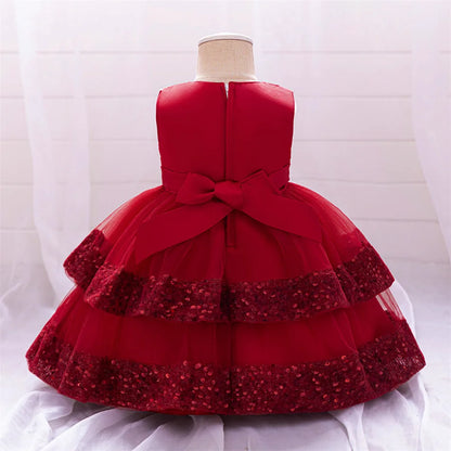 Kleinkind Rot Pailletten Mesh Kleid Mädchen Baby Einfarbig Neue Jahr Party Formale Kostüm Leistung Prinzessin Kleid Geburtstag Kleidung