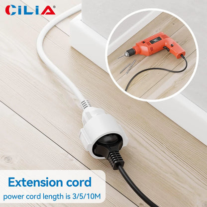 IP44 Waterproof Extension Cord for Outdoor, 3m/5m/10m Schuko Power Cable, 2500W with Seal Cap, Camping Garden Use, white/black.