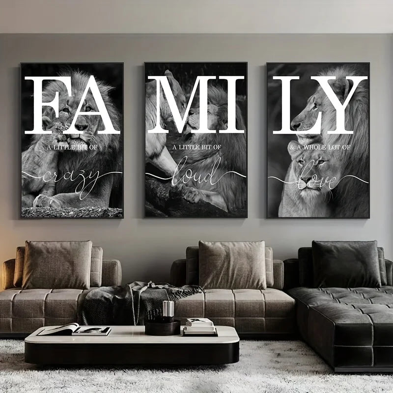 3pcs  Black And White Lion Family Quote Home Signs Canvas Paintings Animal Lion Wall Art Prints And Posters For Living Rooom.