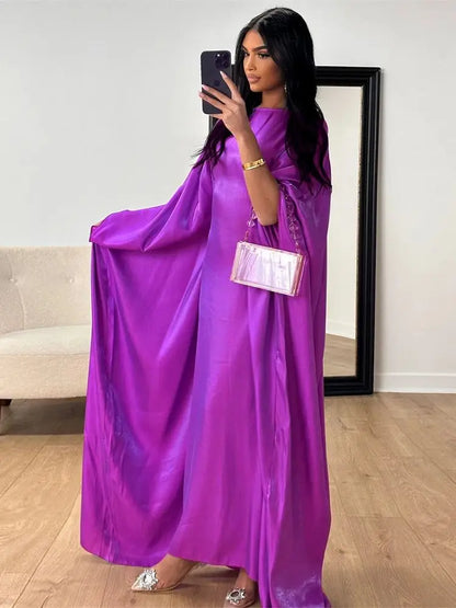 Ramadan Eid Summer Satin Batwing Abaya Dubai Women Islam Muslim Maxi Kaftan Dresses Kebaya Caftan Marocain Robe Femme Musulmane.
