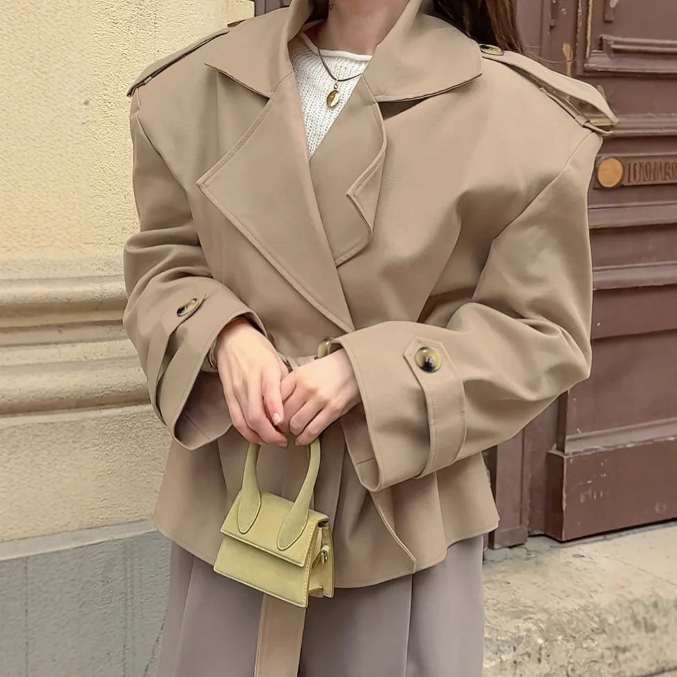 2025 Women Fall Lace-up Cropped Trench Coat Fashion Lapel Long Sleeves Wide Shoulder Windbreaker Jacket Commuting Daily Jackets.