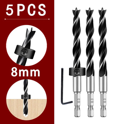 1/4 Sechskantgriff Dreizackiger Holzbearbeitungsbohrer und Tiefenanschlag-Positionierer Ring-Set Holzbearbeitungsloch Reiben Elektrowerkzeug