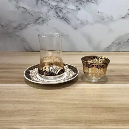 Turkish Tea Glasses Cups Set With Saucers Coffee Cup Romantic Exotic Glass Tea Cup Blue Gold Kitchen Decoration Drinking 3pcs.