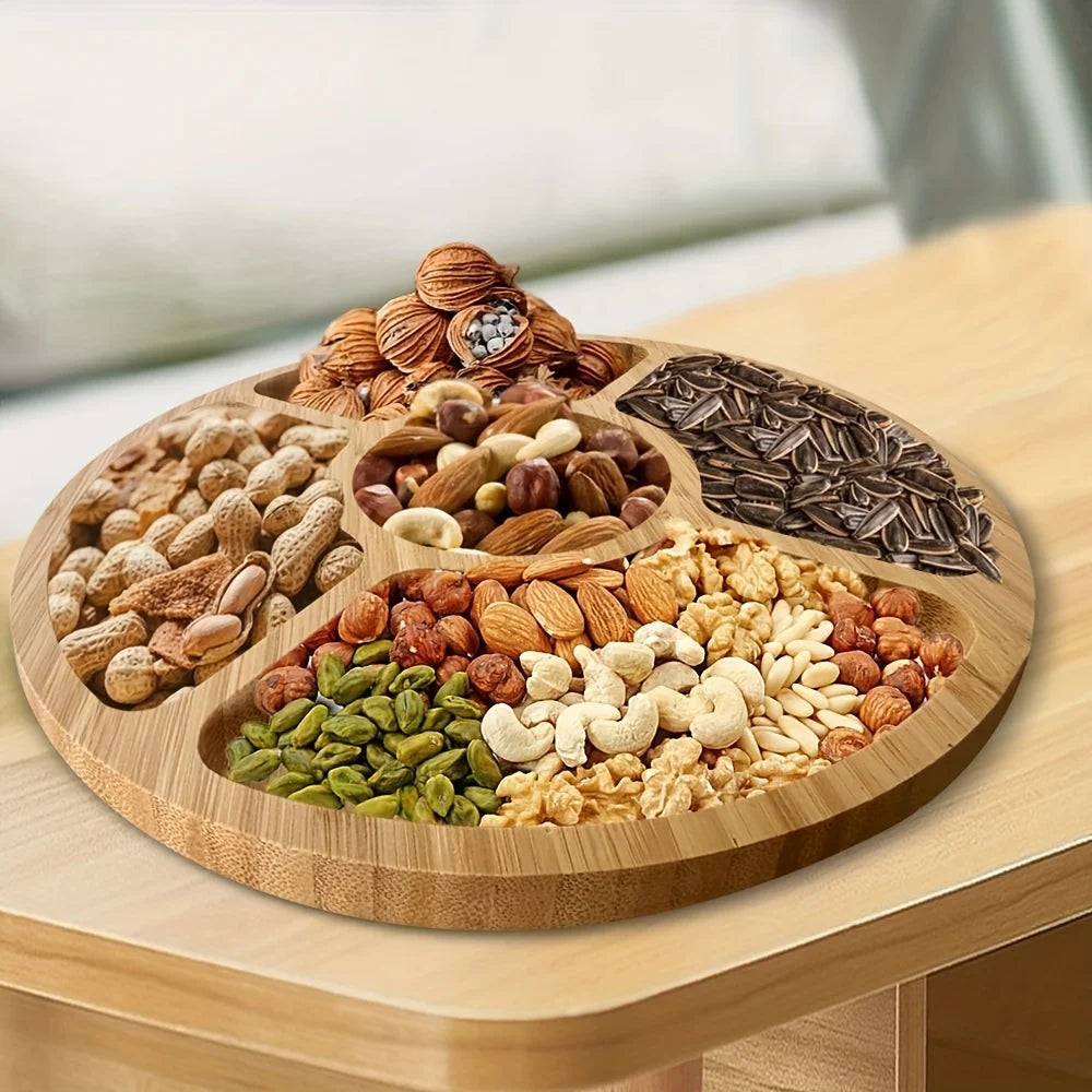 Wooden Divided Serving Trays Appetizer Tray 5 Dining Grids Snacks Bowls Round Serving Tray Serving Dishes Perfect for Parties.