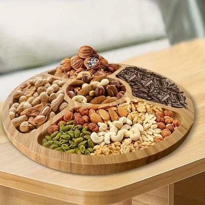 Wooden Divided Serving Trays Appetizer Tray 5 Dining Grids Snacks Bowls Round Serving Tray Serving Dishes Perfect for Parties.
