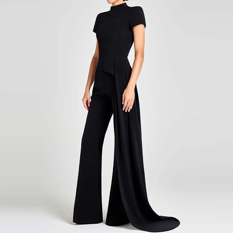 Simple Solid High Waist Straight Suit Office Elegant Party Outfit Women's Stand Collar Short Sleeved Top and Pants Two Piece Set.