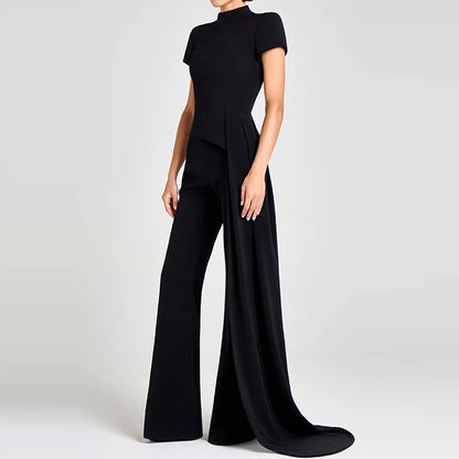 Simple Solid High Waist Straight Suit Office Elegant Party Outfit Women's Stand Collar Short Sleeved Top and Pants Two Piece Set.