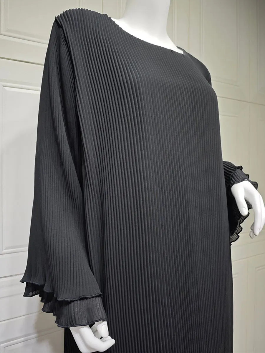 Siskakia Ramadan-Muslim Solid Wrinkle Dresses For Women's Dubai  Moroccan Petal Sleeve Abayas O-Neck Elegant Kebaya 2024