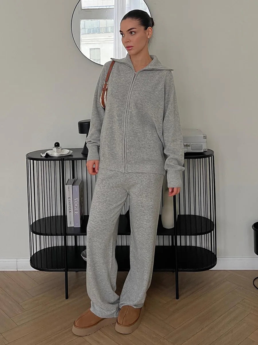 Tornova Zipper Strickjacke Pullover Anzug Weibliche Gestrickte Langarm Casual Mantel Breitbeinig Hosen Pullover frauen Zwei Stück Set