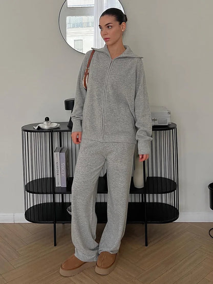 Tornova Zipper Strickjacke Pullover Anzug Weibliche Gestrickte Langarm Casual Mantel Breitbeinig Hosen Pullover frauen Zwei Stück Set