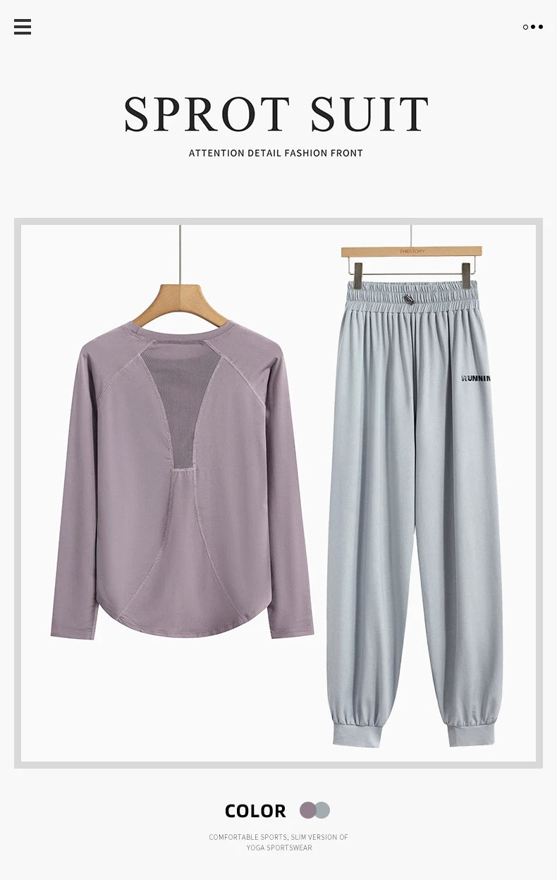 DRUR 2pcs Running Set Women Tracksuit Lightweight Loose Long Sleeve Sport Shirt Pants Sets 2 Piece Sportswear Outfit Gym Clothes.