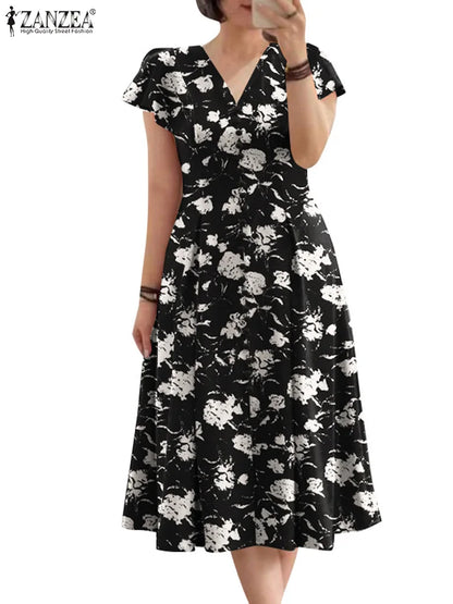 ZANZEA Damen-Sommerkleider, Rüschenärmel, V-Ausschnitt, Cinch-Taille, Damen, elegant, Blumendruck, Party, Pendeln, A-Linie, Midi-Sommerkleid