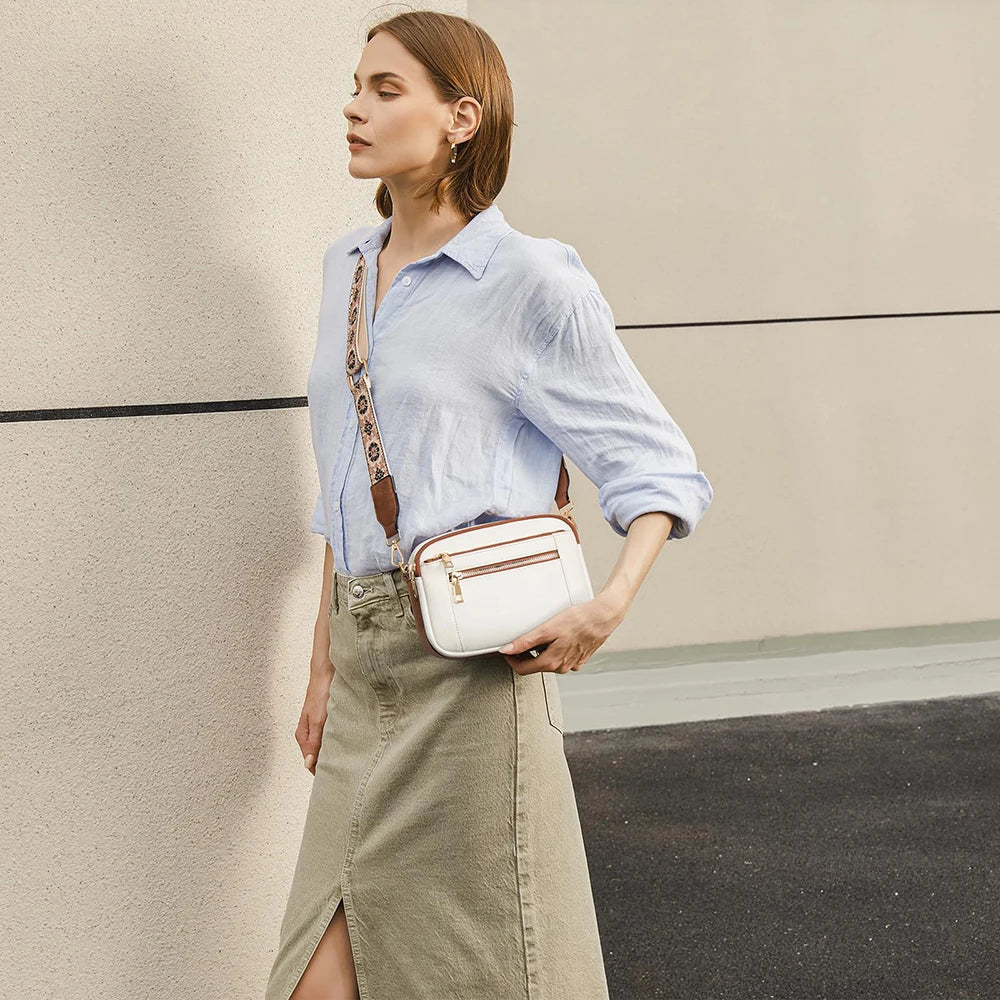 Stylish Wide Strap Shoulder Bag Women's Multiple Pockets Faux Leather Crossbody Bags Adjustable Strap  Travel Handbag Purse.