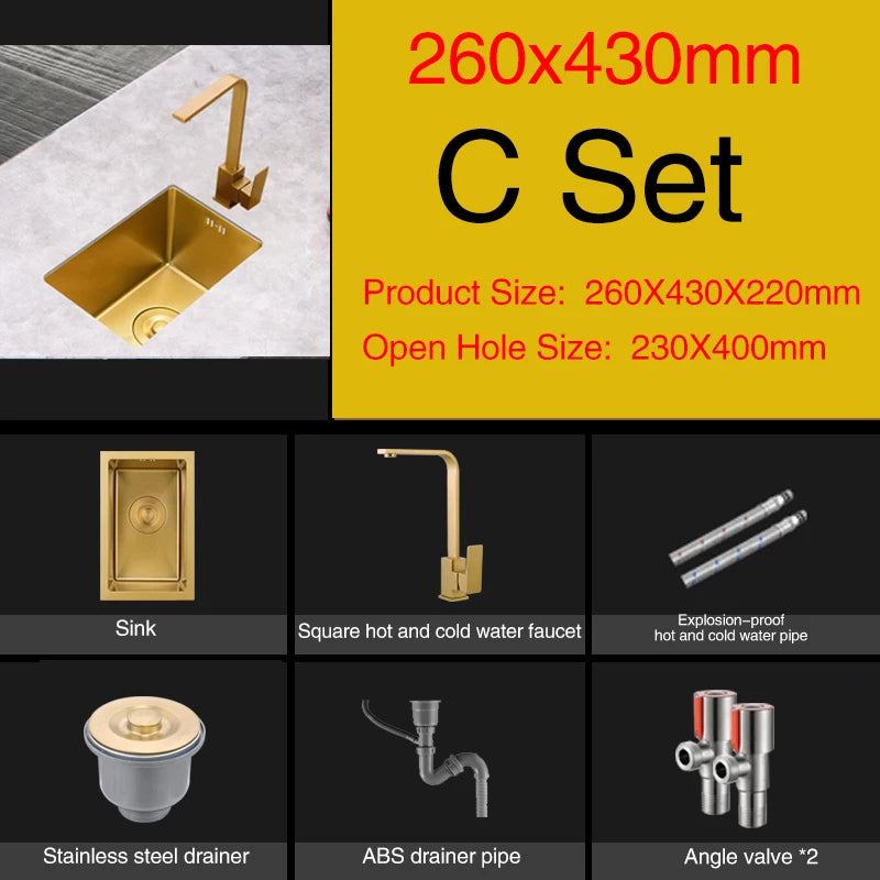 Rose Gold Kitchen Sink Nanometer Technology Gold 4mm thickness 304 Stainless Steel Manual Sink Single Bar Counter Kitchen Sink