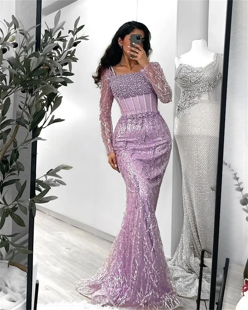 Glänzende blaue Dubai-Abendkleider 2025, mit Perlen verziert, Kristalle, Hochzeitskleid für besondere Anlässe, maßgeschneidert.