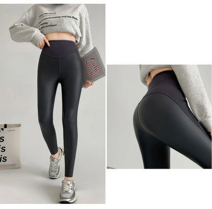 BIVIGAOS Herbst Neue Enge Stretch Leder Hosen Frauen Sharkskin Hohe Taille Spleißen PU Leder Fleece Sexy Leggings Winter Warm
