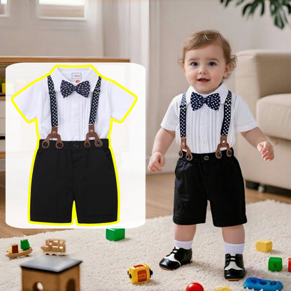 Black & White Classic Baby Boy Clothes Strap Set for Infant 1st Birthday Party Summer Short Sleeve Romper with Solid Shorts Suit.