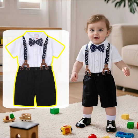 Black & White Classic Baby Boy Clothes Strap Set for Infant 1st Birthday Party Summer Short Sleeve Romper with Solid Shorts Suit.