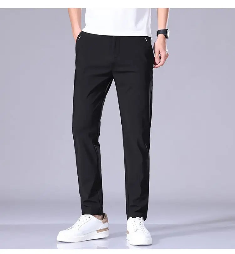 Ultra-thin Elastic Men's Casual Trousers Summer Quick-drying Ice Silk Slim Straight Business Solid Color Trousers Black Gray.