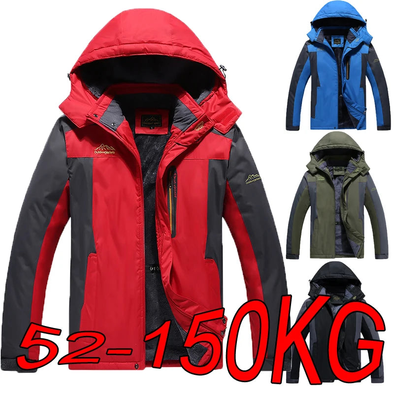 Warm Jacket Men's Plus Size L-9XL Winter Plus Velvet Thickened Cold-proof Outdoor Red Black Blue Hooded Mountaineering Suit.
