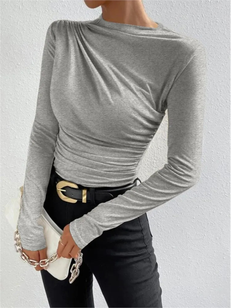 Fashion Solid Color Slim Fit T Shirt Women Trendy All-match Folds Long Sleeve T Shirts Ladies Tops Streetwear 2024 Spring New.