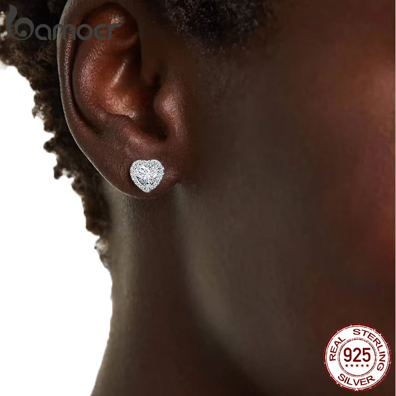 BAMOER Gold Plated Halo CZ Stud Earrings 925 Sterling Silver Hypoallergenic Classic Elegant Heart Earrings Jewellry BSE894.