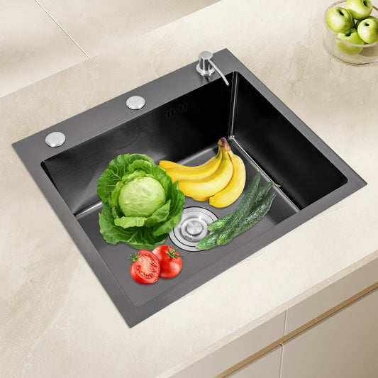 Schwarze Spüle, integrierte Spüle aus Edelstahl, Küchenspüle, Spüle mit Seifenspender und Wasserschlauch, 45 x 50 cm