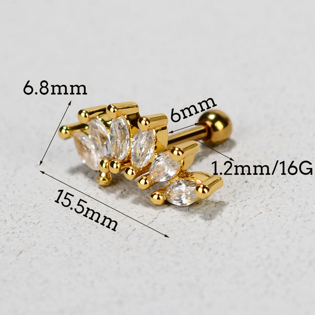 1PC New Curved Cz Cartilage Stud Moon Leaf  Helix Rook Conch Screw Back Earring Stainless Steel Bar Ear Piercing Jewelry.