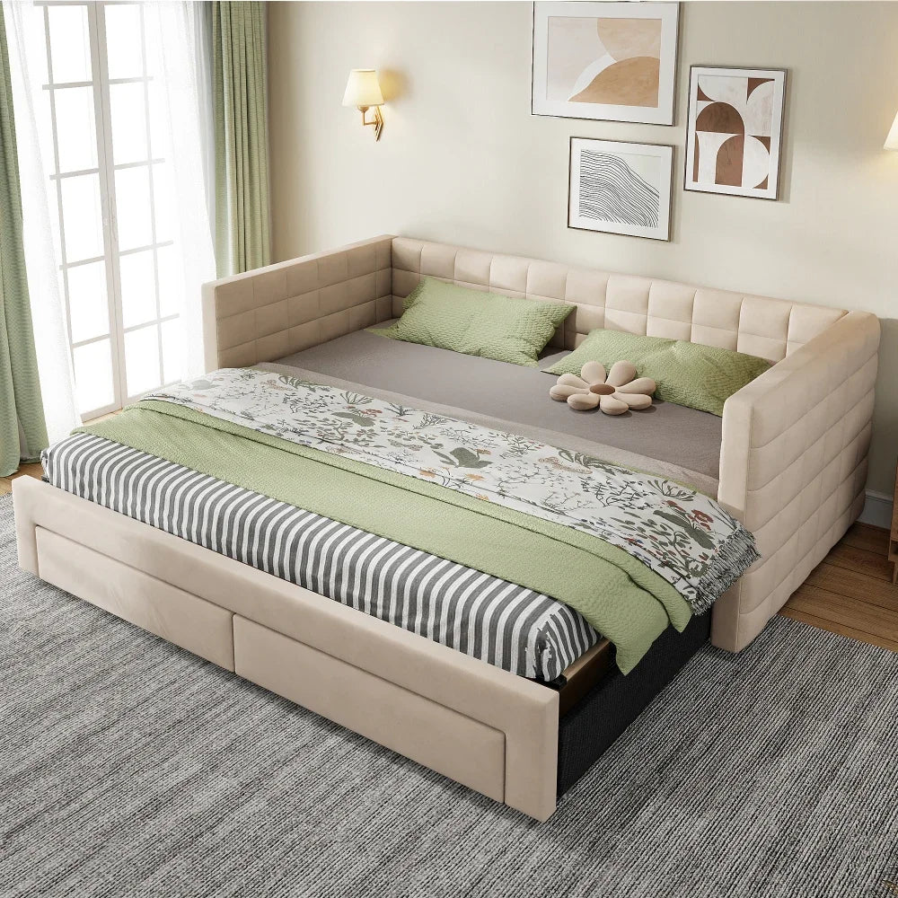 3-in-1 ausziehbares Schlafsofa 90 x 190 cm, Multifunktionsbett mit Schubladen, Einzel-/Doppelbett, Baumwolle und Leinen (Matratze nicht im Lieferumfang enthalten)