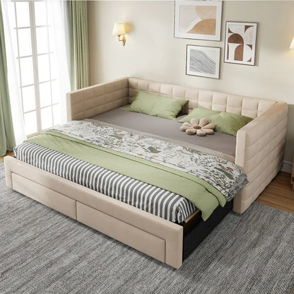 3-in-1 ausziehbares Schlafsofa 90 x 190 cm, Multifunktionsbett mit Schubladen, Einzel-/Doppelbett, Baumwolle und Leinen (Matratze nicht im Lieferumfang enthalten)