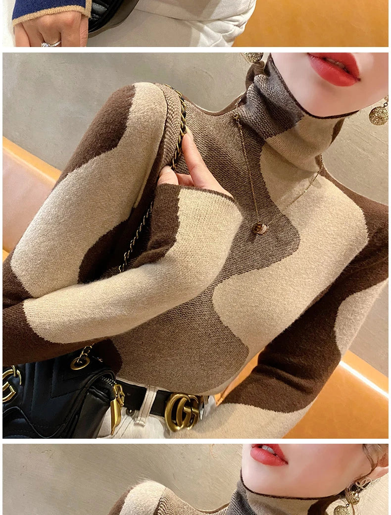 Women Clothing Vintage Fashion Slim Turtleneck Sweaters Autumn Winter Elegant Chic Patchwork Knit Pullovers Office Lady Tops.