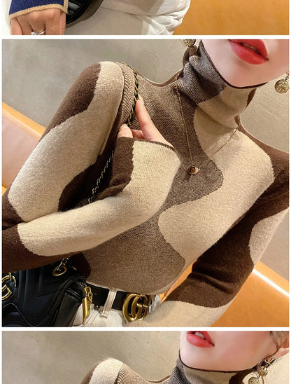 Women Clothing Vintage Fashion Slim Turtleneck Sweaters Autumn Winter Elegant Chic Patchwork Knit Pullovers Office Lady Tops.