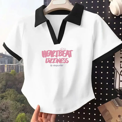 Color Block Polo Neck Short Sleeve T-Shirt Women's Fashion Summer Top plus Size Small Figure Friendly Cotton Blend T-Shirt.
