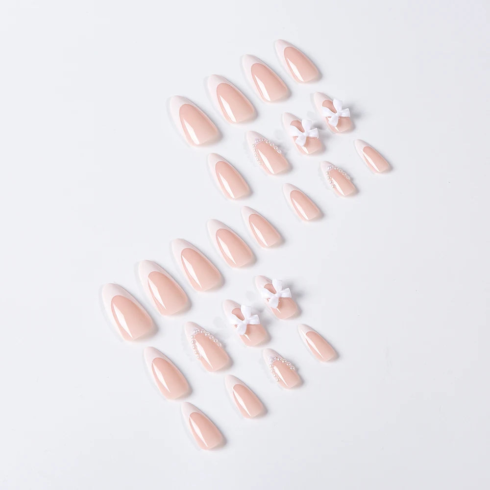 24pcs(+Tools) Pearl Bow Nude Pink Press On Nails White French Fingertips Almond Full Cover Fasle Nails New Year Nail Accessories.