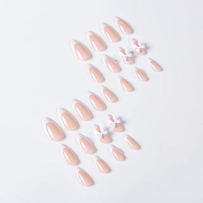24pcs(+Tools) Pearl Bow Nude Pink Press On Nails White French Fingertips Almond Full Cover Fasle Nails New Year Nail Accessories.