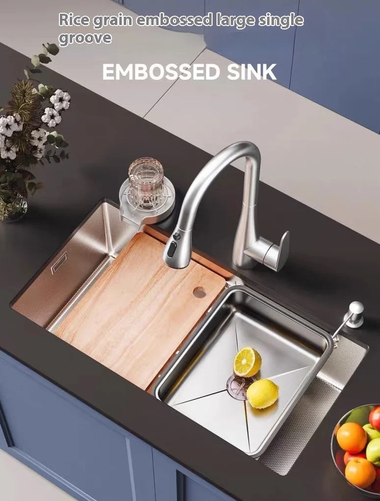 Stainless Steel Kitchen Sink Rice Grain Embossing Large Single Slot Household Wash Dish and Wash Vegetable Bowl Undermount Basin