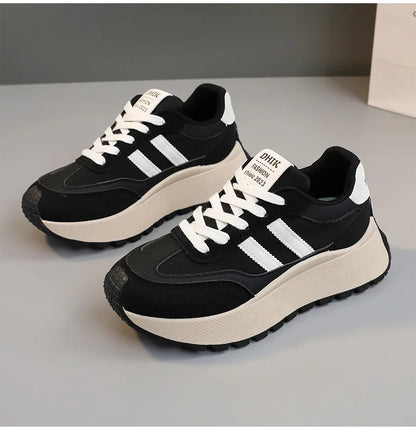 Spring Thick Bottom Women's Shoes 2025 Summer Casual Patchwork Leather Sneakers Casual Vulcanised Shoes Ladies Chaussure Femme.