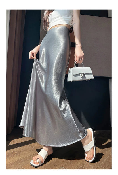Zoki Chic Satin Elegant Long Skirt Women Casual Fashion High Waist Sweet Trumpet Skirts Slim Summer Female Korean Long Skirts.