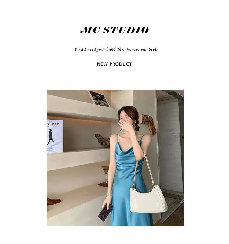 Chiffon-Stoff, Neckholder, mittellanges Kleid für Damen, Sommer, neuer sanfter Stil, schlankmachende Taille, A-Linien-Rock, Polyesterfaser, ärmellos.