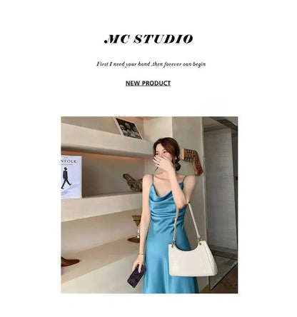 Chiffon-Stoff, Neckholder, mittellanges Kleid für Damen, Sommer, neuer sanfter Stil, schlankmachende Taille, A-Linien-Rock, Polyesterfaser, ärmellos.