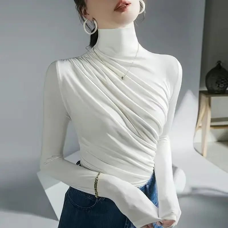 Simplicity Office Lady Autumn/Winter Women's Solid Turtleneck Pleated Temperament Fashion Slim Long Sleeve Bottoming Shirt Tops.