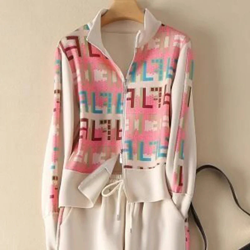 Frühling Herbst frauen Kleidung Set Gedruckt Doppel-Reißverschluss Jacke + hohe Taille Elastische Kordelzug Breite Bein Hosen Sport zwei-Stück Set