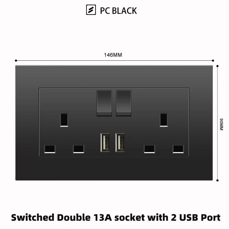 Schwarze UK 13A Wandsteckdose mit USB Typ C 18W Schnelllade-Steckdose, Wandsteckdose mit USB-Ladegerät, Schalter mit Steckdose