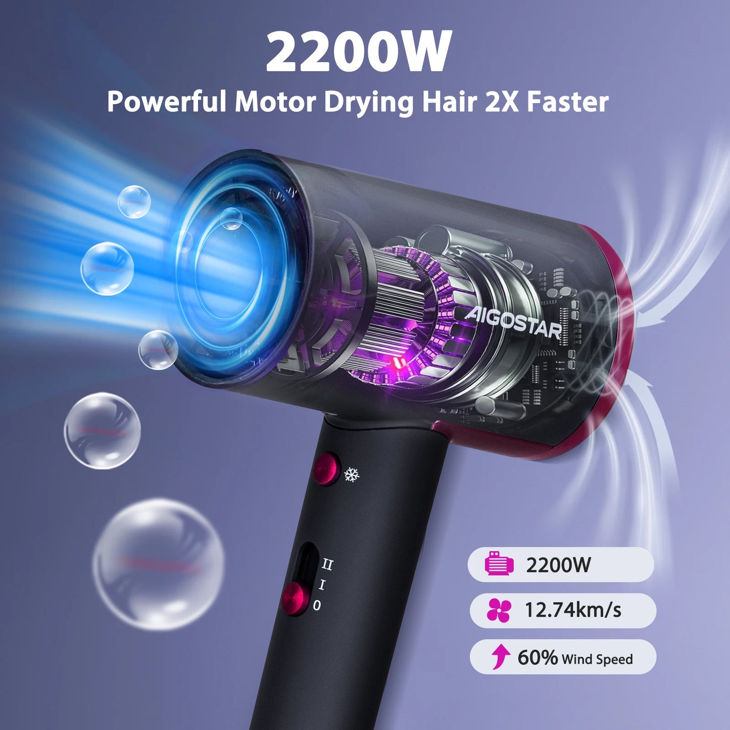 Aigostar Professional Hair Dryer, 2200W Hair Dryer, Negative Ion Technology, 2 Speed, 2 Heat and Cold Air Settings, Lightweight