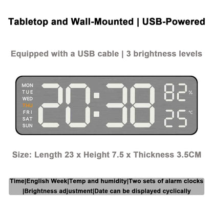 Wanduhr mit Spiegel-Bürsten-Finish, Premium-Gefühl, geräuschlos, Wanduhr, Tischwecker, Temperaturanzeige, Schlafzimmer, Büro, Wohnzimmer, Dekoration