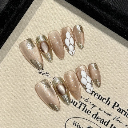 10pcs Handmade Almond False Nails Black White Alligator Print French Style Press On Nail Diamond Cross Design Wearable Fake Nail.