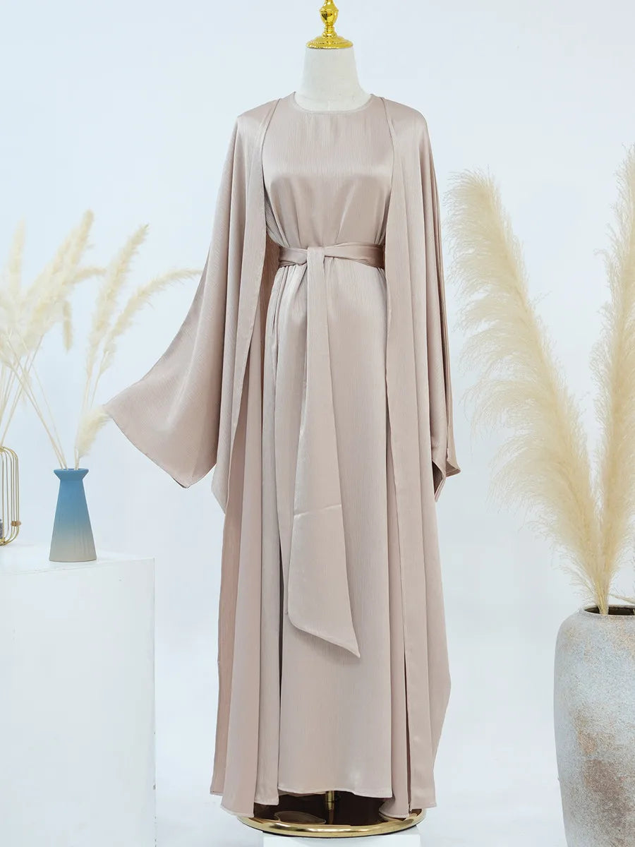 Muslim Turkish Women Arabic Dubai Abaya Long Dress Modest Ramadan Robe Liner Dress Kaftan Two-Piece Set Femme Islam Clothing Set