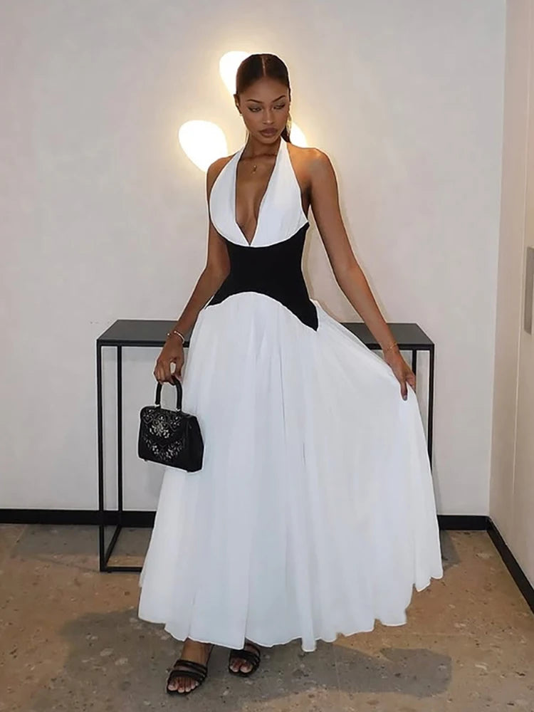 Seltsame Puss Halter-Backless Kleid Frauen Elegante Patchwork Korsett Tiefem v-ausschnitt Ärmellose Sommer Elegan Geburtstag Party Vestidos.