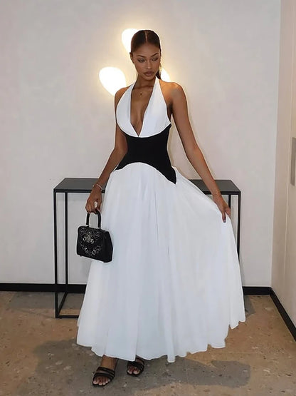 Seltsame Puss Halter-Backless Kleid Frauen Elegante Patchwork Korsett Tiefem v-ausschnitt Ärmellose Sommer Elegan Geburtstag Party Vestidos.