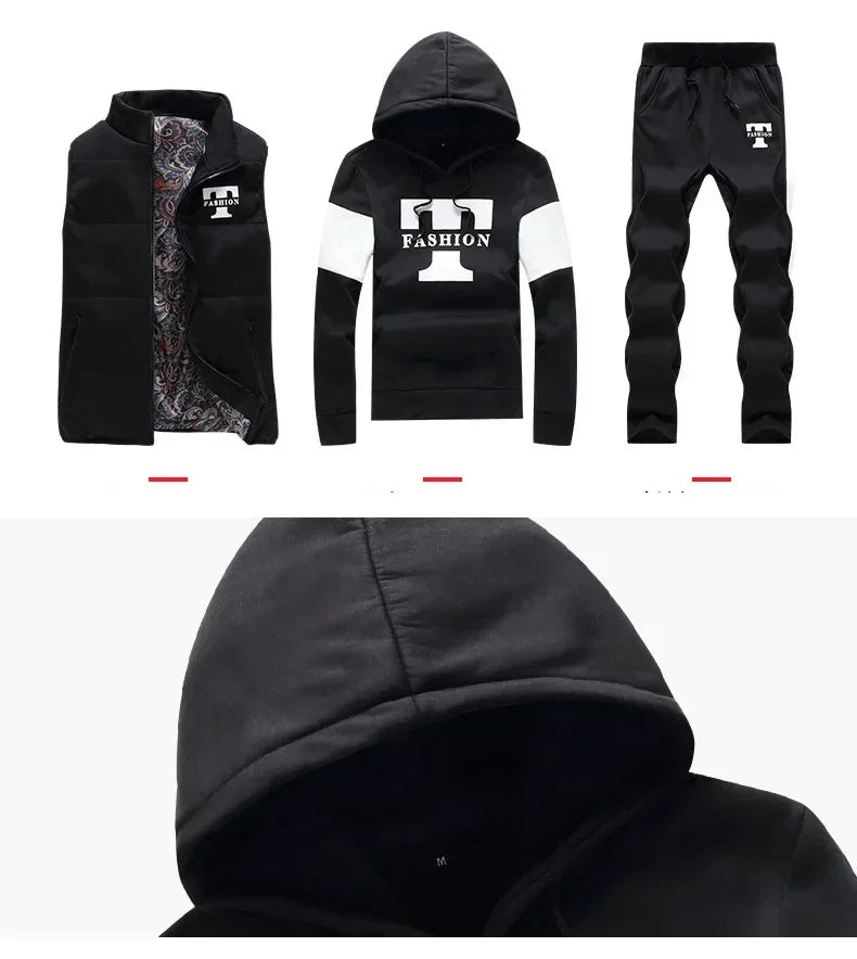3 Pieces Set Hoodies+Vest+Pants Casual Men's Track Suit Clothing Coats Winter Thick Warm Tracksuit for Men Printed Mens Set Vest.